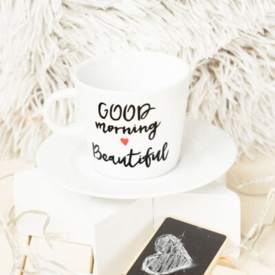 Filiżanka Good Morning Beautiful – ręcznie zdobiona porcelana Kika Handmade