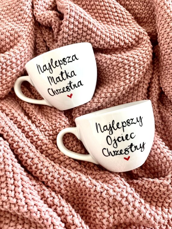 Zestaw kubków dla najlepszych Chrzestnych – ręcznie zdobiona porcelana Kika Handmade