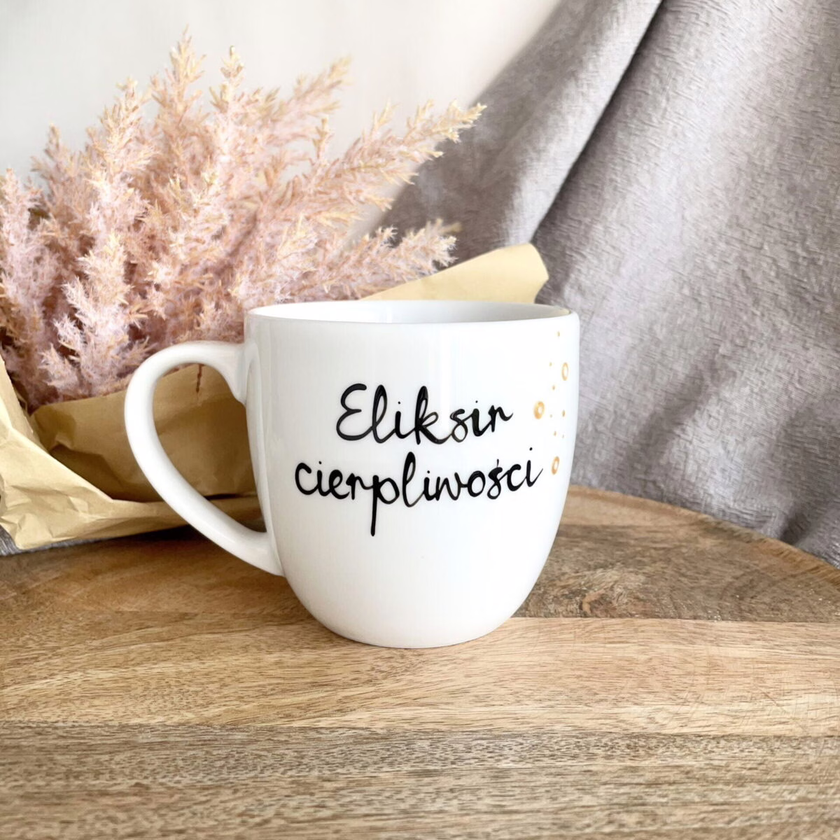 Kubek Eliksir cierpliwości 300 ml – ręcznie zdobiona porcelana Kika Handmade