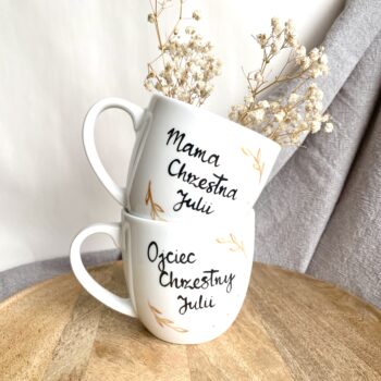 Zestaw kubków dla Rodziców Chrzestnych 300 ml – ręcznie zdobiona porcelana Kika Handmade