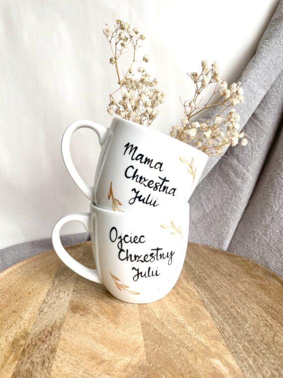 Zestaw kubków dla Rodziców Chrzestnych 300 ml – ręcznie zdobiona porcelana Kika Handmade