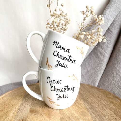 Zestaw kubków dla Rodziców Chrzestnych 300 ml – ręcznie zdobiona porcelana Kika Handmade