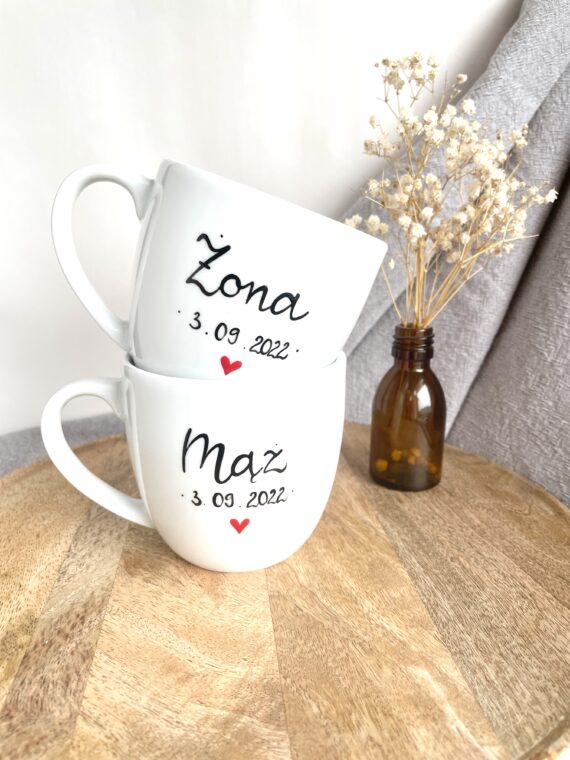 Zestaw kubków żona i mąż 300 ml – ręcznie zdobiona porcelana Kika Handmade