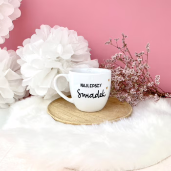 Kubek 300 ml – Najlepszy Świadek – ręcznie zdobiona porcelana Kika Handmade