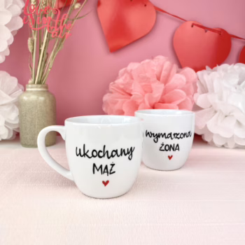 Zestaw kubków 300 ml – Wymarzona żona i ukochany mąż – ręcznie zdobiona porcelana Kika Handmade