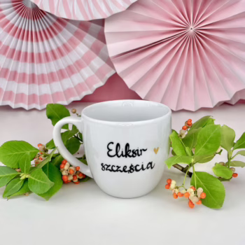 Kubek 300 ml – Eliksir szczęścia – ręcznie zdobiona porcelana Kika Handmade